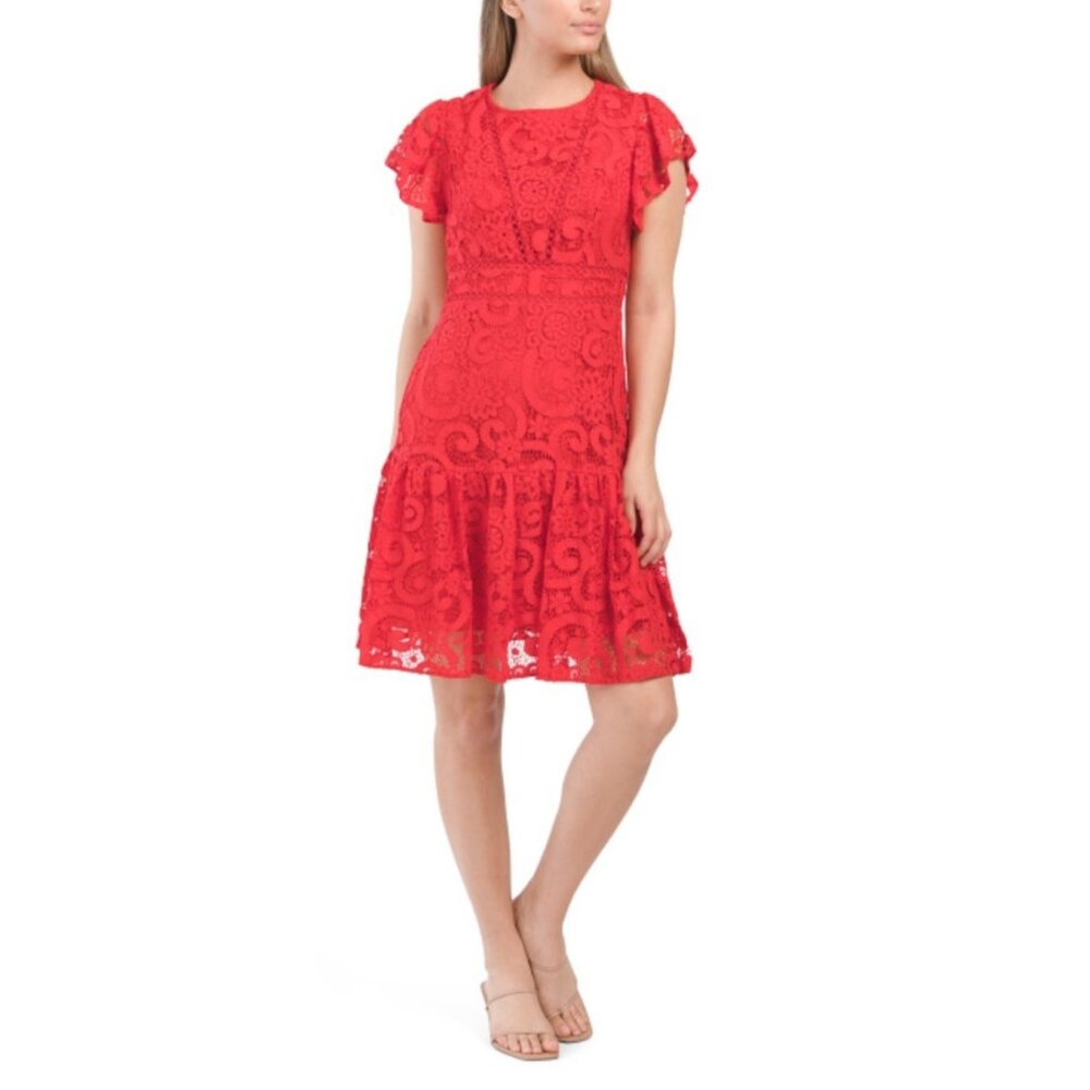 Chic Scarlet Lace Midi Dress
